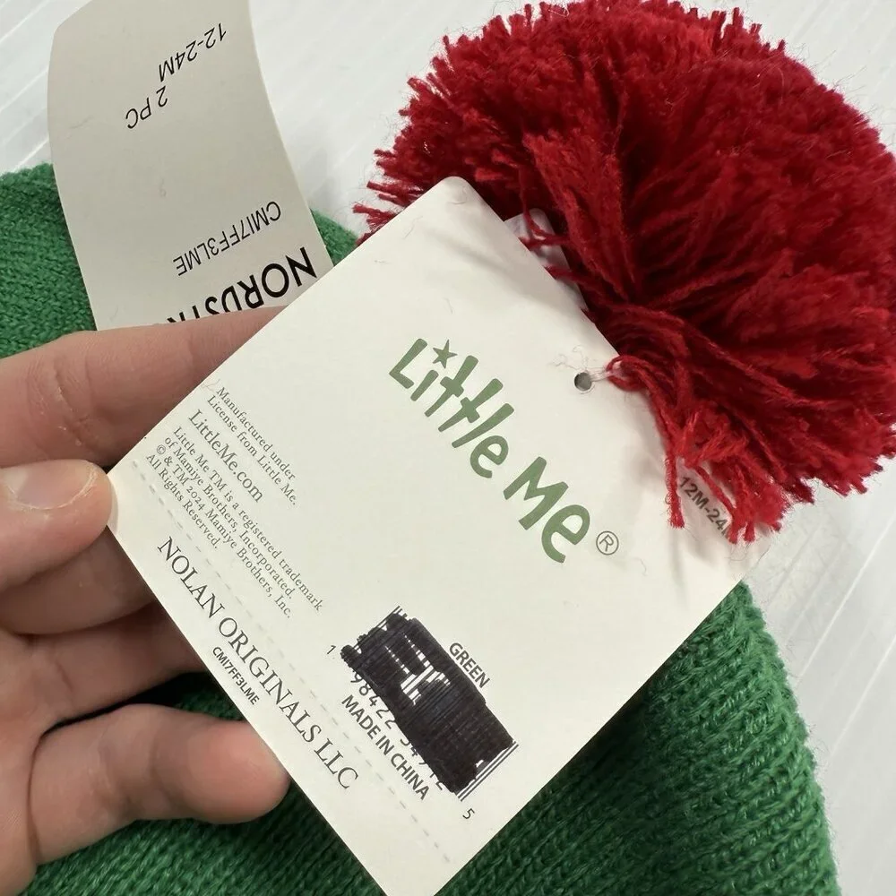 Little Me Reindeer Knit Hat 12-24M Green Red Pom Christmas Winter Beanie New NWT